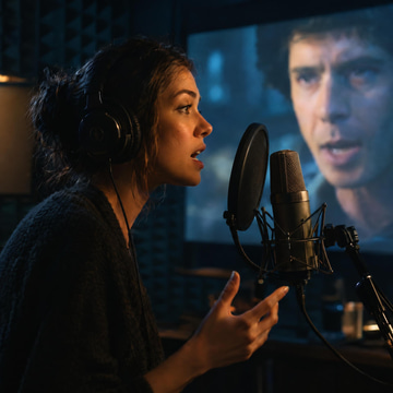 A voice actress speaks into a studio microphone while a blurred film face glows behind her.