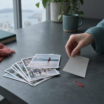 A hand turns one printed photo face down from a fanned stack on a grey table.