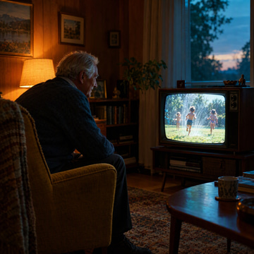 An elderly man in an armchair smiles at a family video playing clearly on a small retro television.