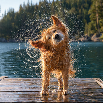 A wet golden retriever shakes off a spiral of sparkling water droplets on a sunny lake dock.