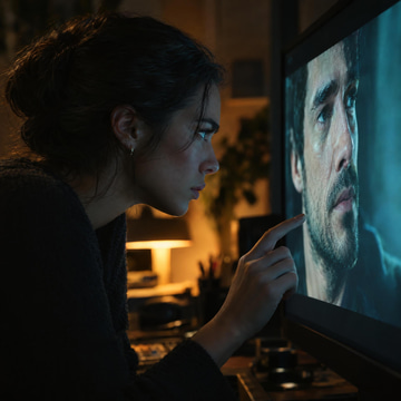 A woman leans close to a monitor, carefully studying a paused close-up of a man's face.