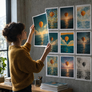 An illustrator holds up a print before a wall of varied balloon-scene image variations.