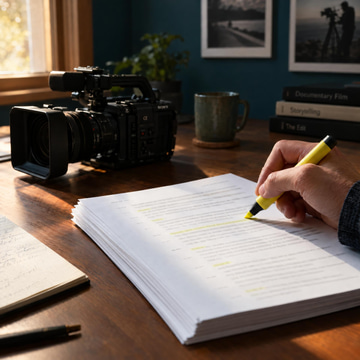 A hand highlights a stack of printed transcript pages beside a small video camera on a wooden desk.