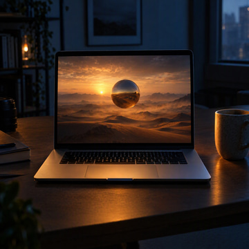 A laptop in a dark studio glowing with a cinematic desert scene of a floating chrome sphere.