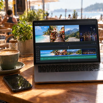 Four travel clips joined end to end on an editing timeline on a café laptop.