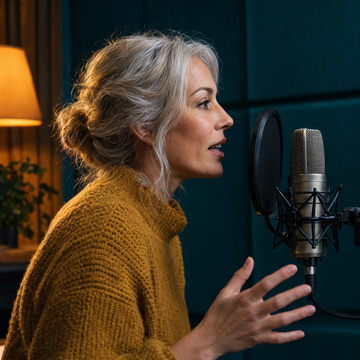 An older woman speaks expressively into a studio microphone inside a warmly lit teal recording booth.