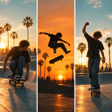 Three vertical photo panels showing a skateboarder's crouch, mid-air kickflip and landing at sunset.