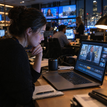A journalist examines a highlighted segment of a news clip on a laptop in a night newsroom.