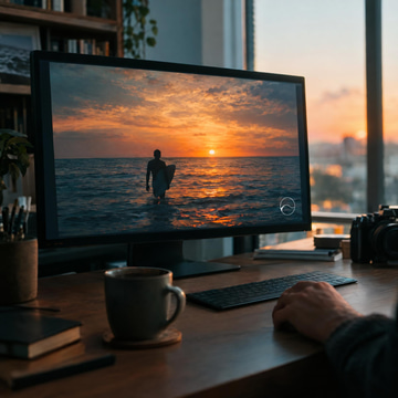 A desk monitor shows a sunset surfing video with a small translucent emblem in the corner.