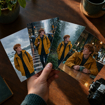 A hand fans out four photos showing the same red-haired man in a yellow raincoat in different places.
