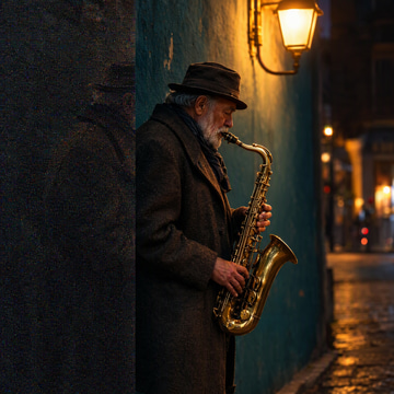 A saxophonist under a streetlamp at night, one edge grainy and the rest crisp and clean.