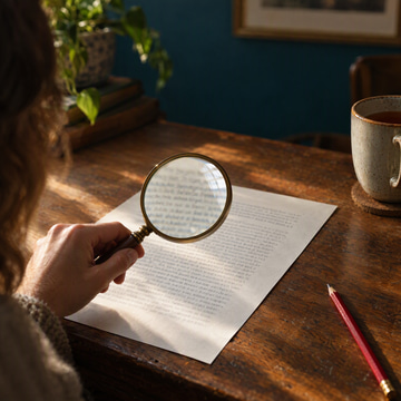 A hand holds a magnifying glass over a printed page on a wooden desk in warm light.