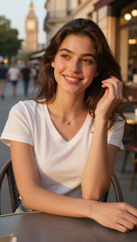 Head photo: a smiling woman with loose, shoulder-length wavy brown hair at a café table