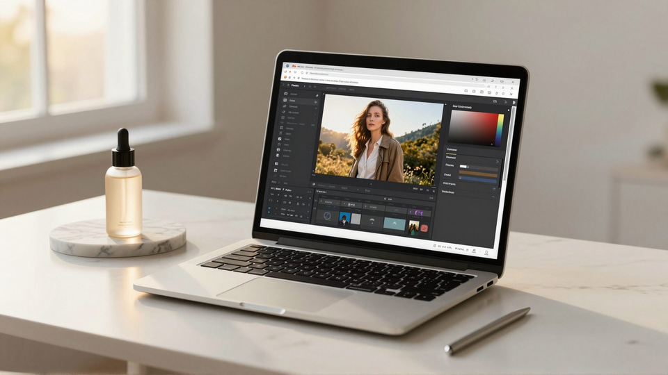 Laptop on a white desk showing a photo editor with a portrait of a woman in a field, beside a dropper bottle