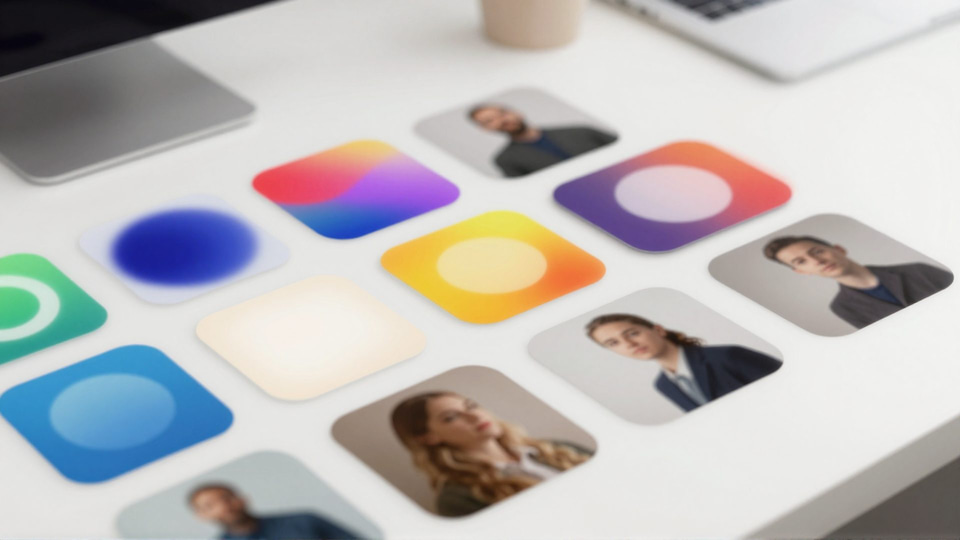 Scattered app-style tiles on a white desk showing gradient icons and small portrait photos of professionals