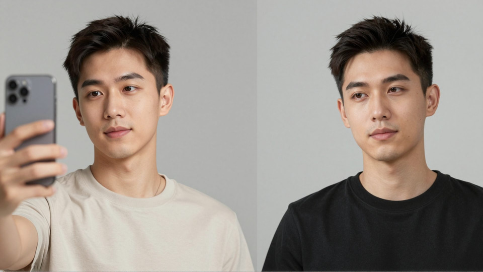 Young man taking a phone selfie in a beige T-shirt beside a studio headshot of him in a black T-shirt