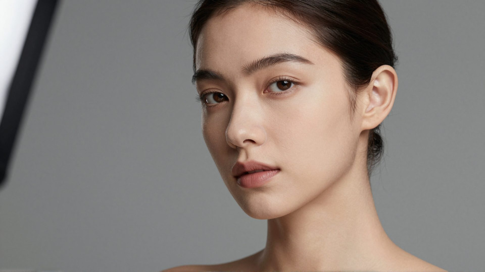 Close-up portrait of a woman with dark hair pulled back against a grey studio backdrop, a light at the edge