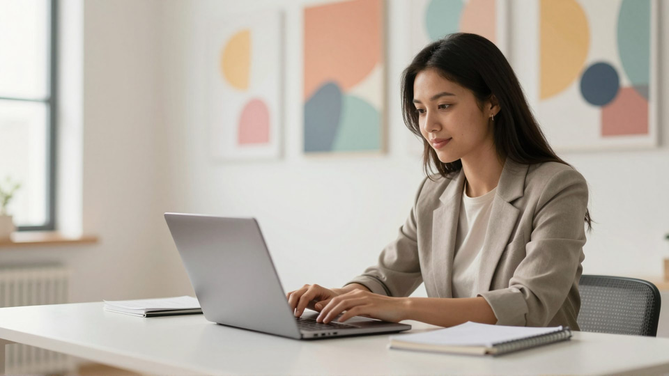 Woman in a beige blazer typing on a laptop at a white desk in front of abstract pastel wall art