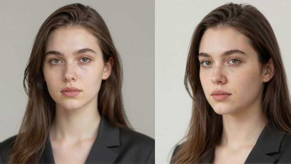 Side-by-side portraits of a young woman with long brown hair in a black blazer against a light grey backdrop