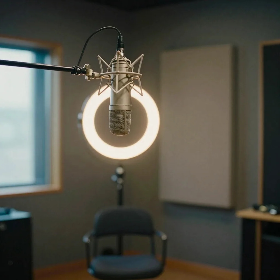 A silver condenser microphone on a boom arm in front of a warm ring light, an empty chair and an acoustic panel behind it in a small recording booth