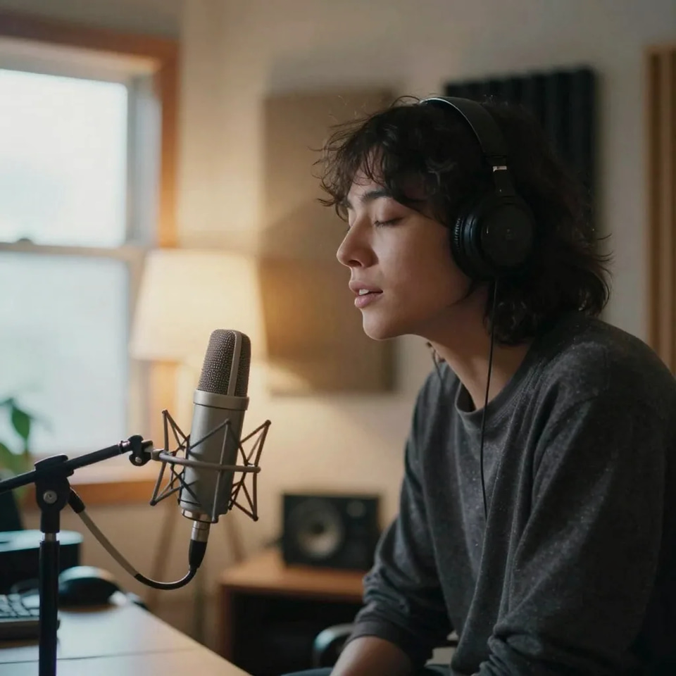 A host in headphones leaning into a condenser microphone mid-sentence, eyes closed, in a warmly lit home studio