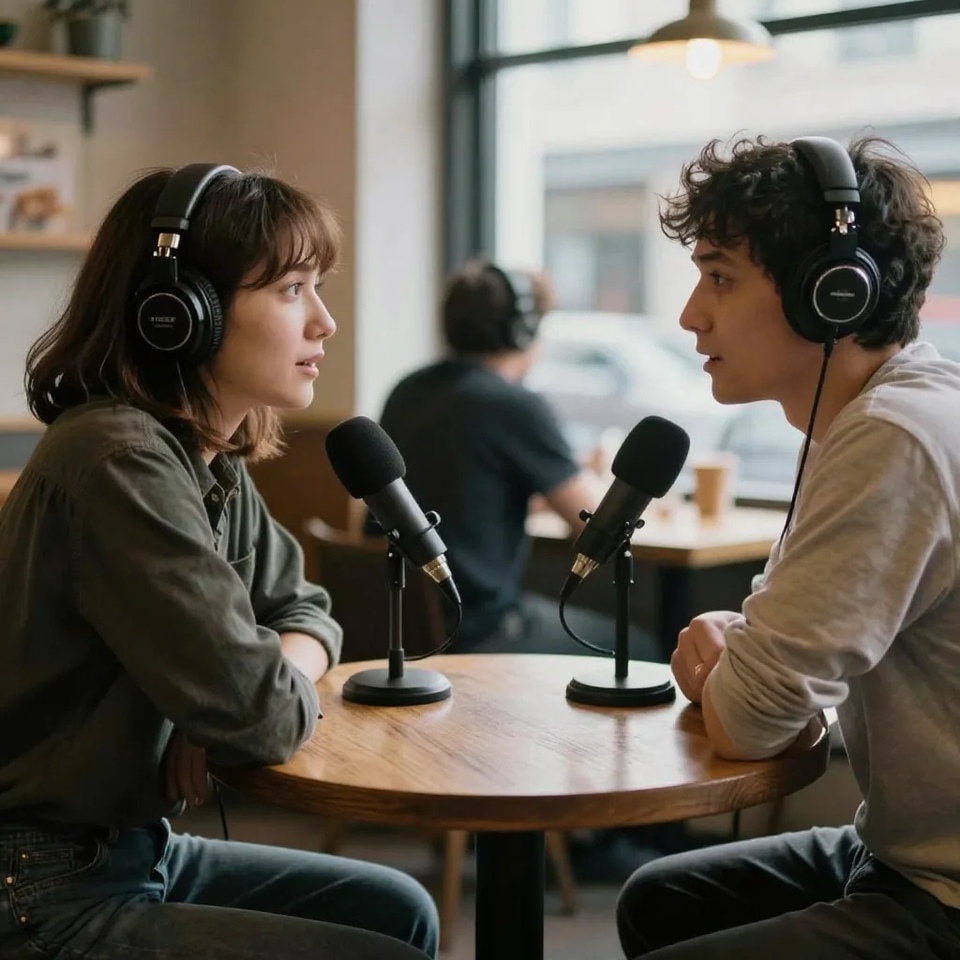 Two co-hosts in headphones facing each other across a small round table, a microphone each between them, recording in a café