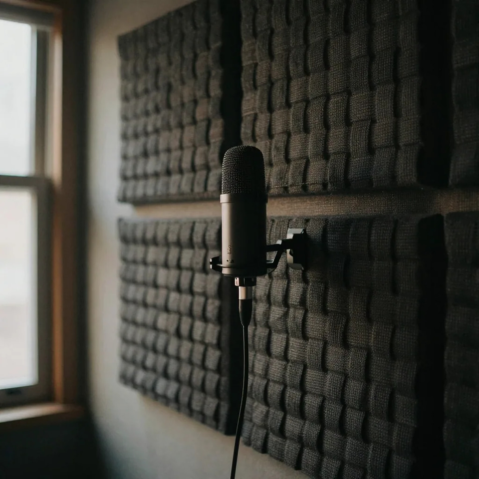 A single microphone on a wall mount silhouetted against charcoal woven acoustic panels beside a bright window