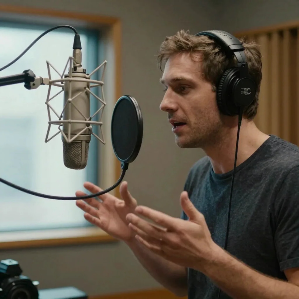 A voice actor in headphones speaking into a shock-mounted studio microphone behind a pop filter, hands raised mid-sentence in a booth with a bright window