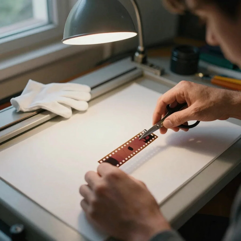 Hands cutting a strip of 35mm film with fine scissors over a lit light table, white cotton editing gloves folded to one side