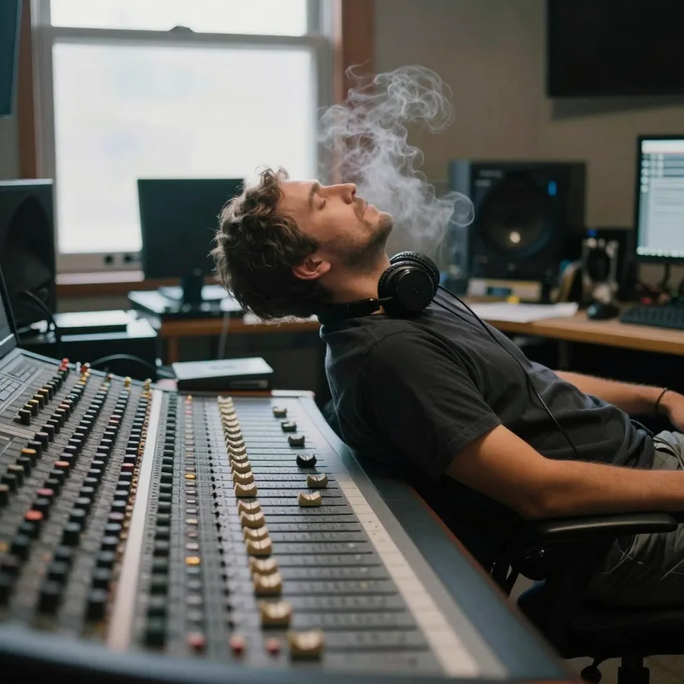 An editor leaning back at a wide mixing console in a dim studio, headphones round his neck and monitor speakers either side of him