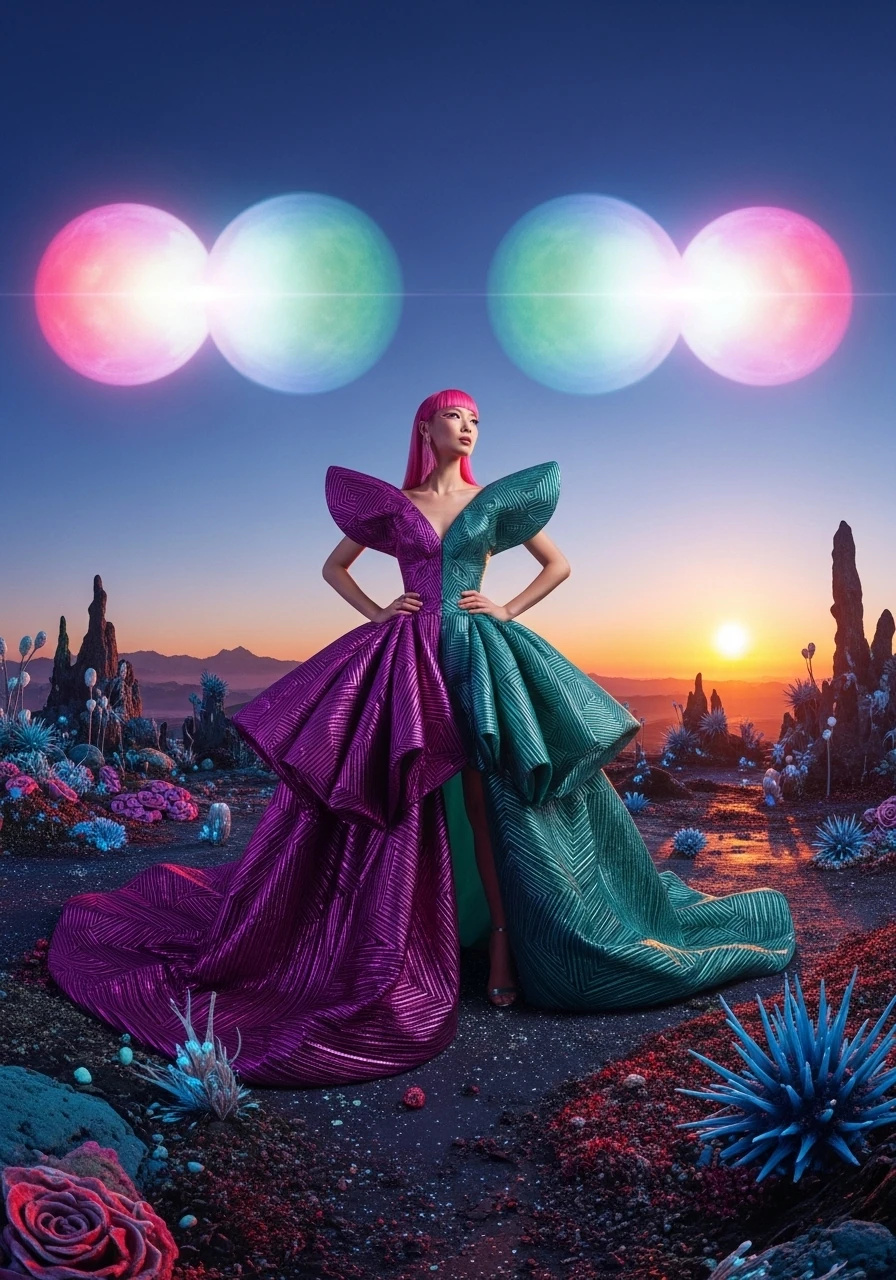 A fashion character in a sculptural purple and teal gown beneath colorful moons