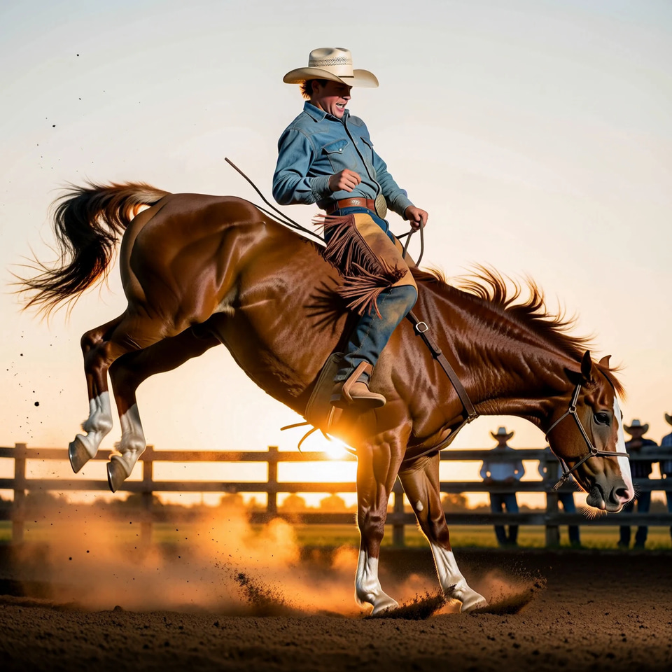 A rodeo rider clings to a bucking horse in a dusty arena at golden hour. — made with Imagera Hermes Image