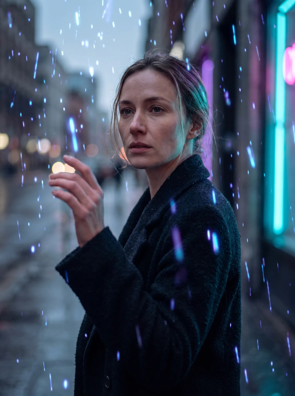 A cinematic portrait of a woman in a rain-lit neon city