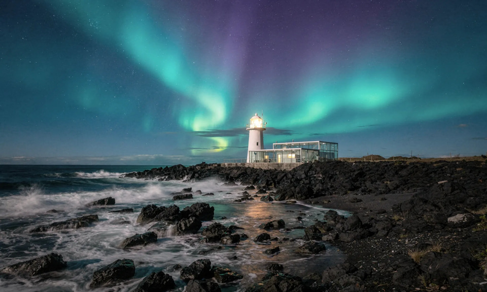 A lighthouse on a rocky coast beneath teal and violet northern lights