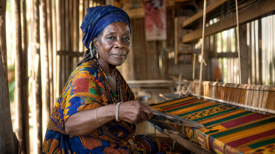 An older woman in a patterned wrap and headscarf smiling at her loom in a sunlit workshop