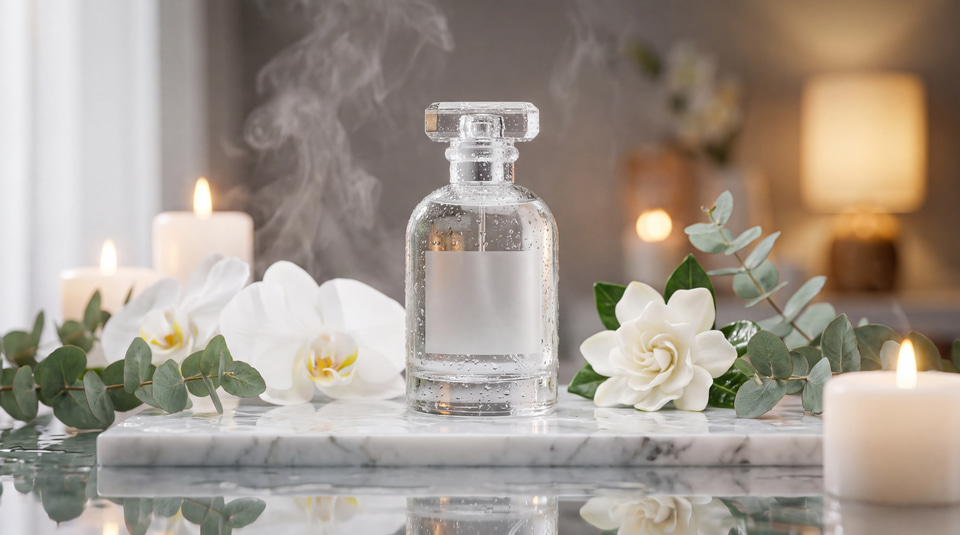 A clear glass bottle with a blank label on marble among white orchids, candles and eucalyptus