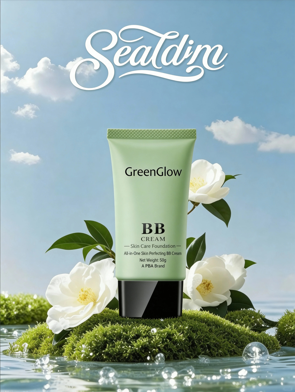 A skincare tube advert with white flowers, moss and blue sky
