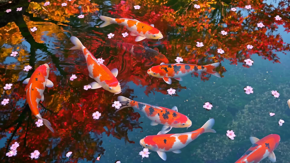 Koi turn beneath a still pond scattered with petals and red maple reflections. — made with Imagera Hermes Camera Control
