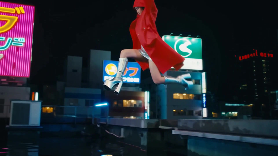 A woman in a red raincoat leaps and splashes onto a flooded neon-lit Tokyo rooftop. — made with Imagera Hermes Turbo