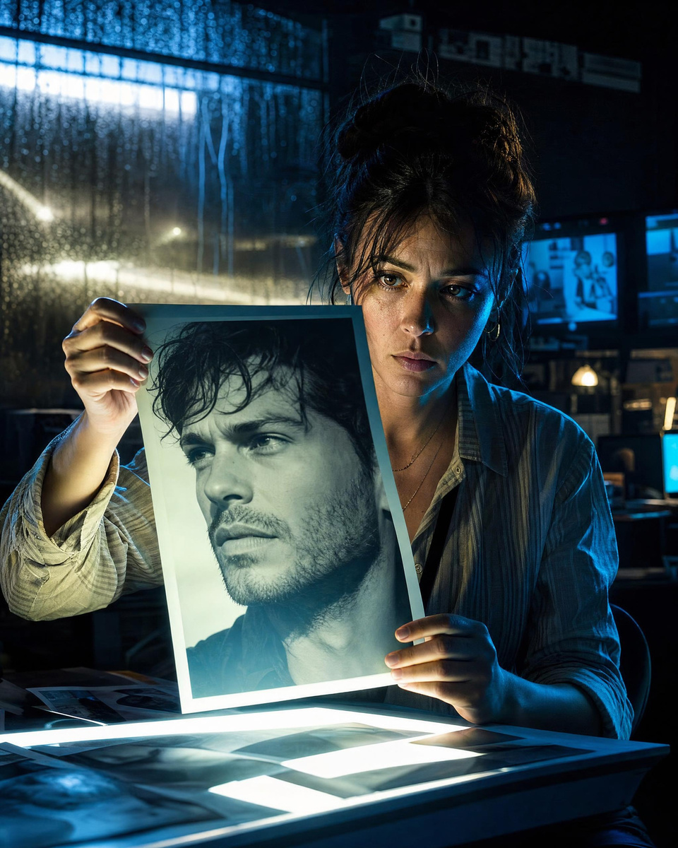 An investigator checking a portrait print