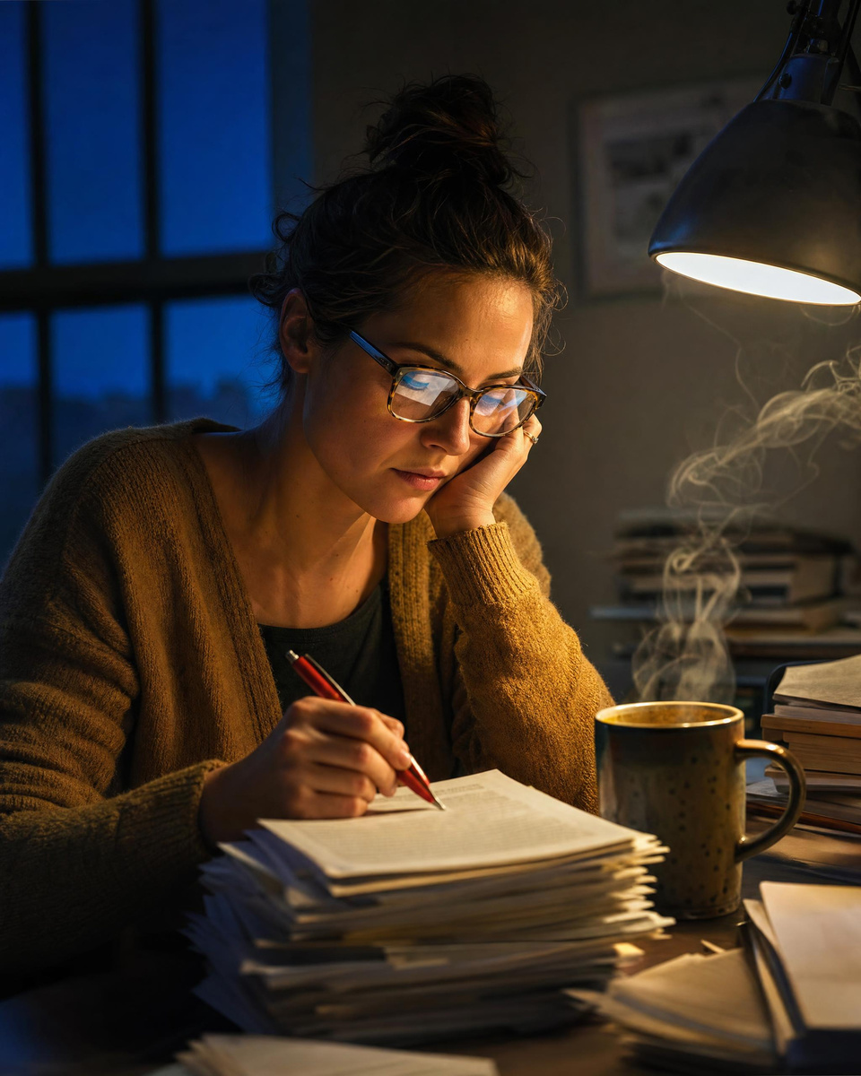 A teacher reading essays under one lamp