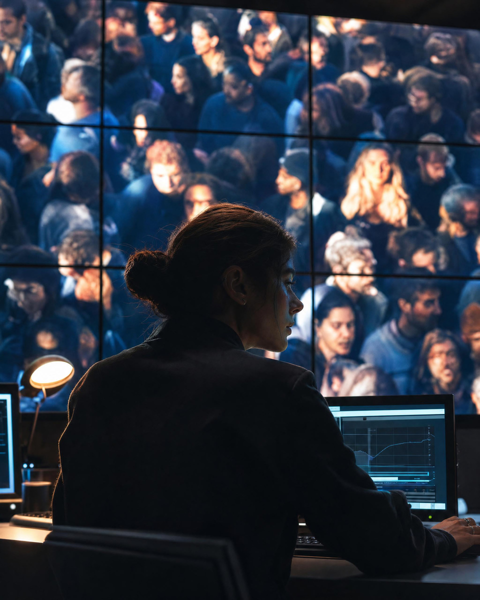 A fact-checker before a wall of screens