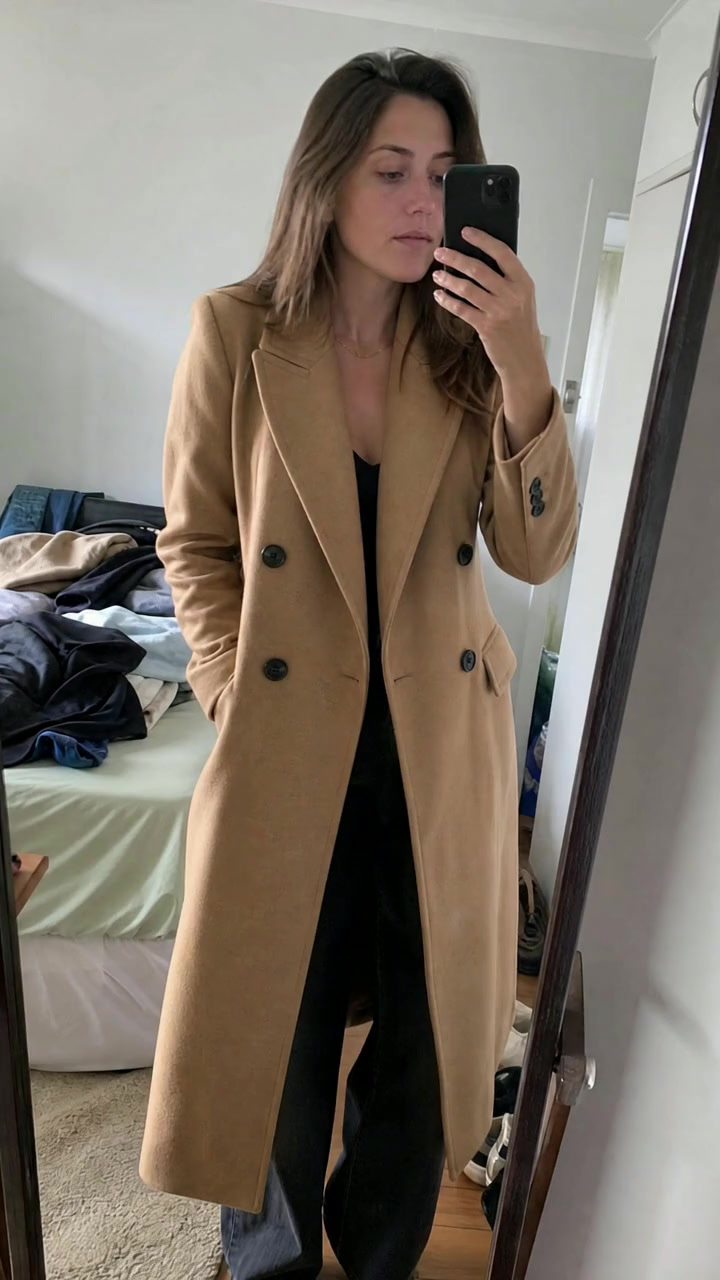 A try-on in the bedroom mirror