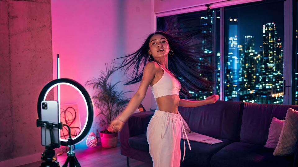 A creator mid-shoot at night
