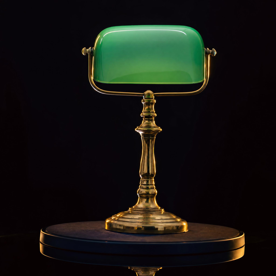 A brass desk lamp on a turntable, ready to become a 3D model