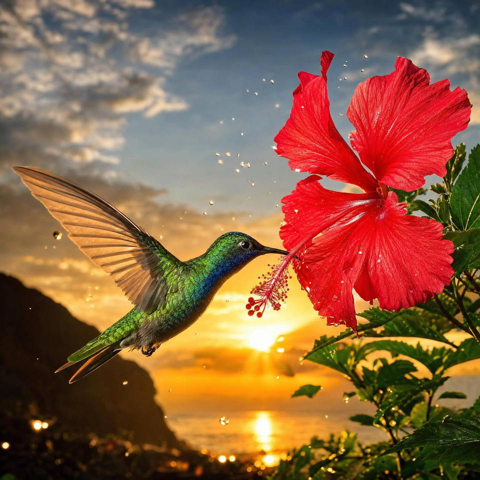 An ultra-detailed hummingbird at a flower