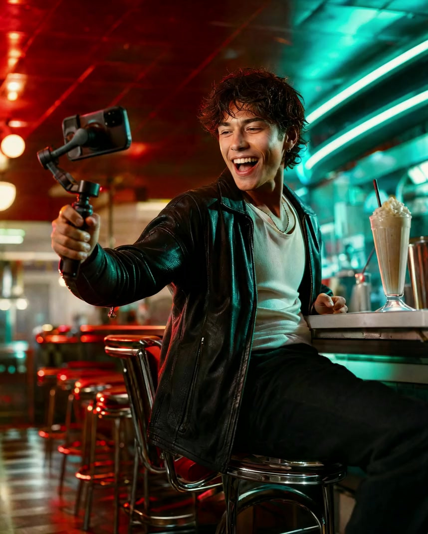 A creator filming a reel in a neon diner