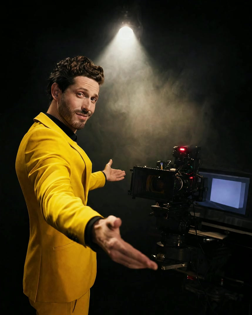 A host mid-take under one spotlight