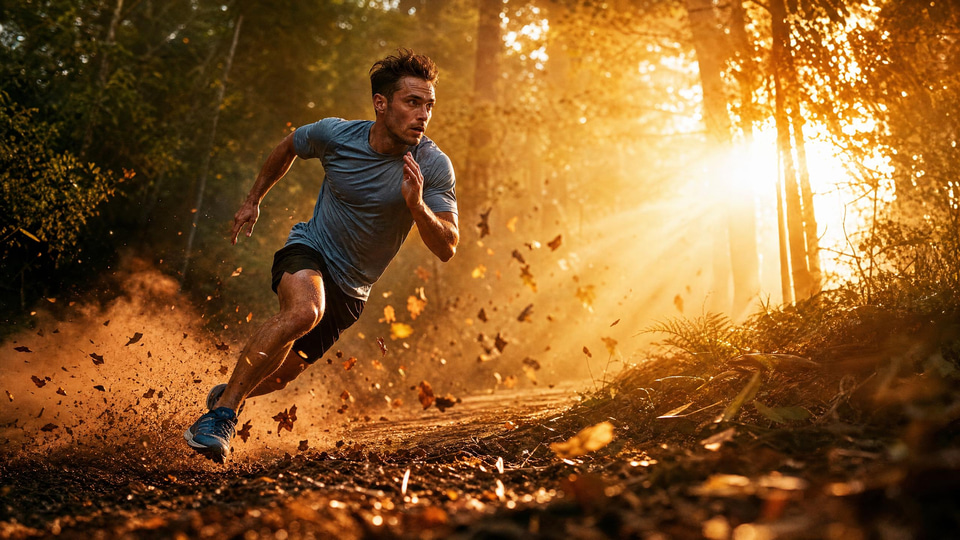 A runner sprints around a woodland bend at dawn