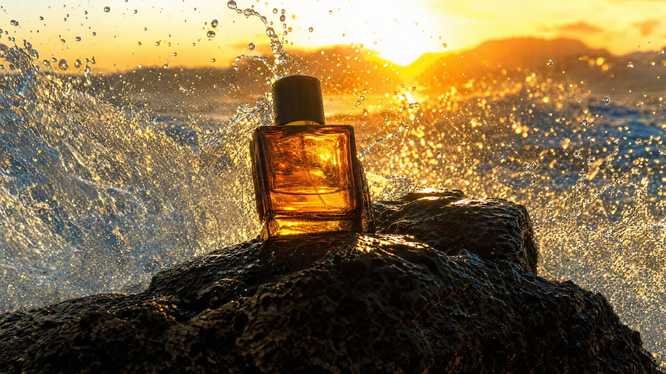 An amber glass fragrance bottle on wet black basalt as a wave explodes behind it